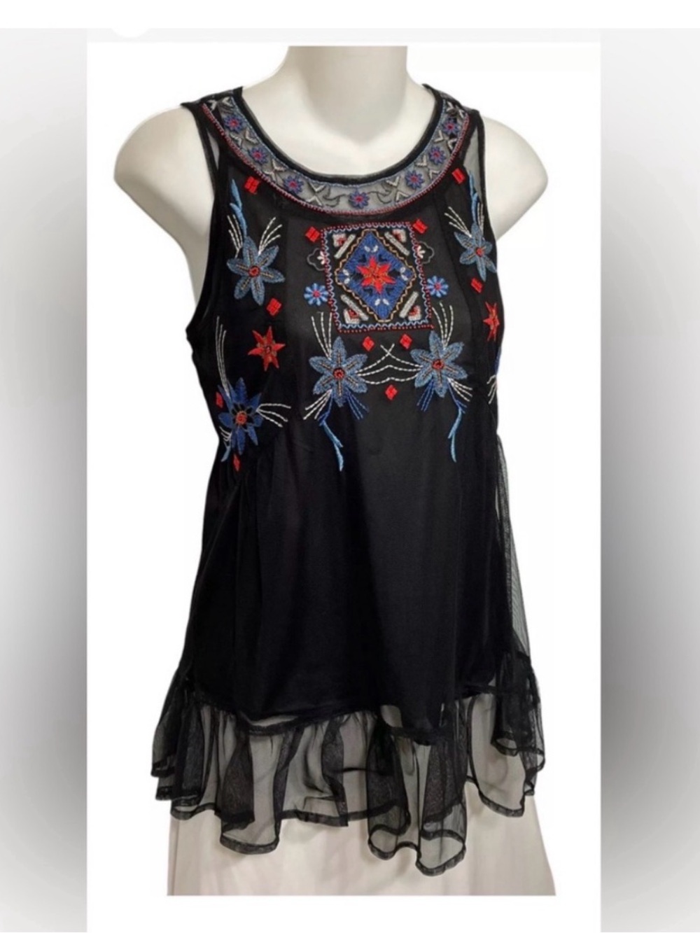 Johnny Was Style Embroidered Black Mesh Sleeveless Top Size L